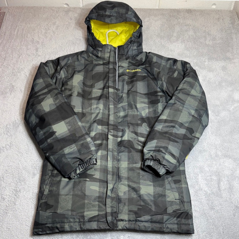 Columbia Hooded Jacket Womens XL Grey Camo Plaid Outgrown Insulated Winter Coat